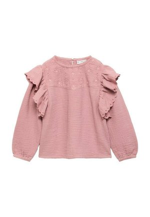 Blusa rosa a maniche lunghe con spalline arricciate, tessuto testurizzato e motivi floreali ricamati sul petto. Chiusura a fessura sul retro.