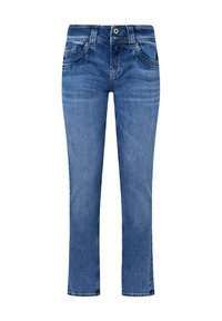 Jean droit bleu avec une décoloration à l'avant, fermeture à bouton, passants de ceinture et poches avant et arrière.