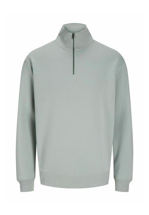 Lichtgroen sweatshirt met hoge ritskraag, lange mouwen, ribgebreide manchetten en onderrand. Glad textuur, minimalistisch ontwerp zonder patronen of logo's.
