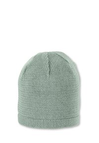 Knit beanie in light green, cylindrical shape, textured fabric, seamless crown, subtle ribbed edge, suitable for casual wear.