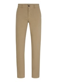 Pantalon chino kaki en coton avec une texture lisse, doté d'une fermeture à boutons à l'avant, de passants pour ceinture et d'une coupe droite.