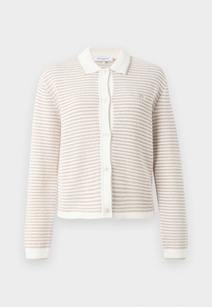 Beige en wit gestreepte gebreide cardigan met knopen, lange mouwen, witte kraag en geribde boorden en zoom.
