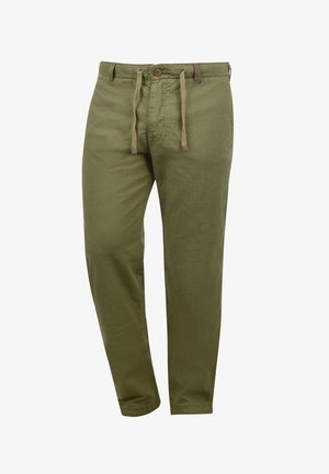 Olivenfargede bukser laget av lett materiale, med strammemagnus, en enkelt knappelukking og en avslappet passform.