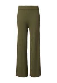 Olijfgroene geribbelde wijde broek met een elastische tailleband, voorzien van een gestructureerde stof en een losse, relaxte pasvorm.