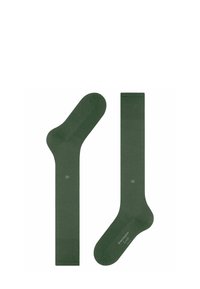 Zwei Paare grüner Socken werden präsentiert: ein knöchellanges Paar und ein knielanges Paar, beide mit einem dezenten Logo in der Nähe der Zehen.