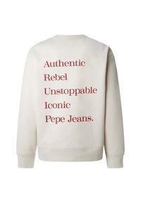 Felpa color crema con maniche lunghe, con testo rosso sulla schiena: "Autentico, Ribelle, Inarrestabile, Iconico, Pepe Jeans."