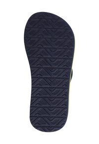 Flip-Flop-Sohle aus dunkelblauem Gummi mit einem strukturierten Wellenmuster, versehen mit einem schlanken gelben Akzent entlang der Kante für besseren Grip und Strapazierfähigkeit.