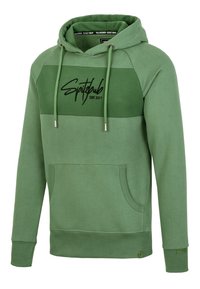 Felpa verde con cappuccio, design bicolore, tasca frontale a marsupio e coulisse. Decorata con il logo nero "Spitzdub EST. 2017".