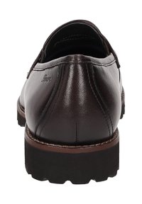 Dark brown leather shoe with a rounded back, featuring stitching details and a textured rubber sole for grip.
