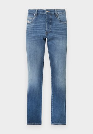 Blue denim jeans with a straight-leg cut, featuring subtle fading, five pockets, and a classic button closure at the waist.
