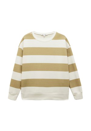 Sweter w paski z naprzemiennymi kremowymi i jasnobrązowymi poziomymi pasami, okrągłym dekoltem oraz prążkowanymi mankietami i dolną krawędzią.
