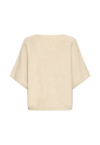 Suéter beige de manga corta con un corte ancho y cuadrado, escote redondo y tejido de punto suave, mostrado desde atrás.