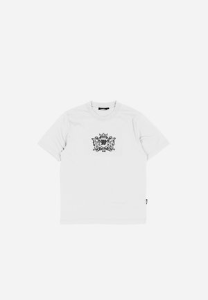 White short-sleeve t-shirt made of cotton featuring a black logo design centered on the chest. Simple crew neck and side tag detail.