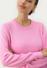 Roze trui met een ronde hals, lange mouwen en geribbelde manchetten, gemaakt van een glad gebreide stof, met een casual pasvorm.