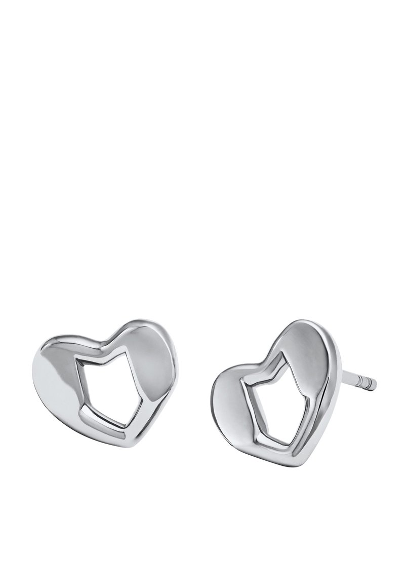 Pendientes plateados en forma de corazón con un diseño calado, que presentan un acabado pulido y bordes suaves. Con cierre de palanca para un uso seguro.