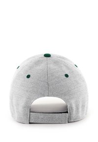 Graue Baseballmütze aus strukturiertem Stoff, grüne Akzente an den Ösen und dem Knopf, verstellbarer Riemen auf der Rückseite, runder Schirmdesign.