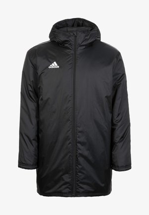 Black padded jacket with a hood, zip closure, and white Adidas logo on the chest. Features side pockets and contrasting white stripes.