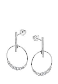 Boucles d'oreilles créoles en argent avec une barre verticale ornée de petites pierres précieuses claires et un motif texturé sur la barre. Design circulaire en forme de créole.