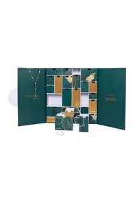 Calendrier de l'Avent en bijouterie avec un design géométrique teal et or, présentant des tiroirs numérotés et une ouverture centrale, révélant des accessoires.