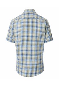 Korte mouwen geruite blouse in groene, blauwe en gele tinten. Gemaakt van lichte stof met een standaard kraag en een rond afgewerkte zoom. Achteraanzicht weergegeven.