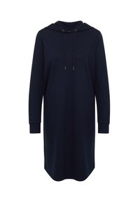 Mekko navy sinisistä kankaita, jossa on pitkähihaiset hihat, naru kauluksessa ja sivuaukot helman liikkuvuuden lisäämiseksi.