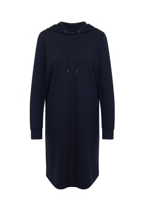 Marineblaue Kapuzenkleid aus weichem Stoff, mit langen Ärmeln, einem Kordelzug am Hals und seitlichen Schlitzen am Saum für mehr Bewegungsfreiheit.