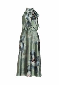 Vestito floreale corto realizzato in tessuto setoso, con collo halter decorato da un fiocco, vita arricciata e grande stampa floreale verde e blu.