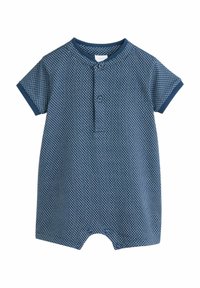 Marineblauer Kurzarm-Overall mit geometrischem Muster, zwei Knöpfen in der Mitte und Druckknöpfen am unteren Ende für einfaches Wechseln. Aus Baumwollmaterial.
