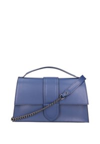 Borsa a tracolla blu in pelle con un design strutturato, dotata di manico superiore, tracolla a catena removibile e chiusura a pattina con accenti orizzontali.