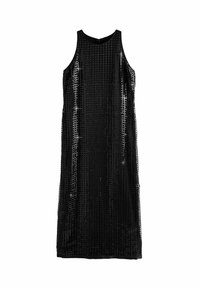 Svart ärmlös klänning med en texturerad paljettdesign och vertikala ränder, slät halsringning och knälång längd.