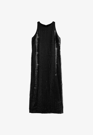Zwarte mouwloze jurk met een gestructureerd, met pailletten versierd ontwerp en verticale strepen, een gladde halslijn en een knielange snit.