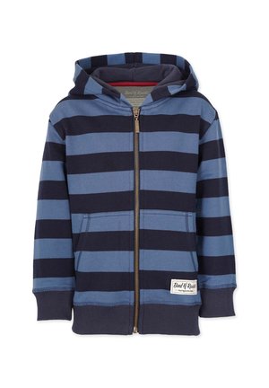 Kapturowa bluza rozpinana z poziomymi paskami w kolorach granatowym i niebieskim. Posiada przednie kieszenie, ściągacze na rękawach oraz tkany metek na dole.