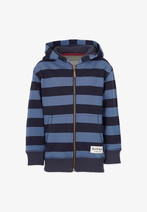 Felpa con cappuccio e zip, a strisce orizzontali blu navy e blu. Presenta tasche frontali, polsini a coste e un'etichetta tessuta in basso.