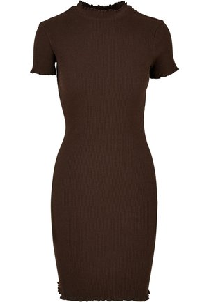 Pruun ribidega kehakleit lühikeste varrukatega, kõrge kaelusega ning volangidega varrukate ja allääre korral. Sile tekstuur, keha järgiv siluett.