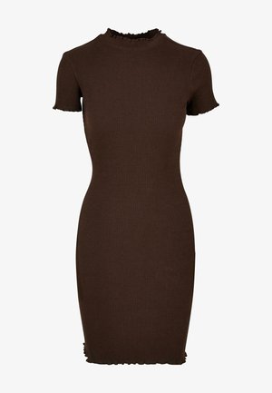 Vestito bodycon marrone a coste con maniche corte, colletto alto e bordi arricciati su maniche e orlo. Texture liscia, silhouette aderente.