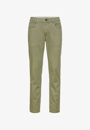 Oliwkowe dżinsy o slim fit, z czterema kieszeniami, klasycznym zapięciem na guzik oraz gładką, mocną fakturą denimu.