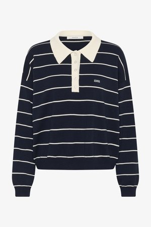 Navy blue long-sleeve sweater with white horizontal stripes, white collar, button placket, and small white logo on the chest.