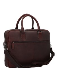 Dunkelbraune Lederaktentasche mit doppelten Griffen, einem abnehmbaren Schultergurt, einer vorderen Reißverschlusstasche und strukturiertem Obermaterial. Reißverschlussverschluss oben.