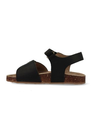 Zwarte sandaal met open teen, kurken zool, brede voorste band en verstelbare enkelband met klittenbandsluiting.