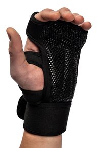 Sort fingerløs handske lavet af net og stof, med en tekstureret håndflade og håndledsstrop, designet til greb og åndbarhed.