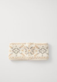 Strikket ørevarmer i creme med grå og orange snefnugsdesign, ribbede kanter og blød tekstur; rektangulær form, kompakt design.