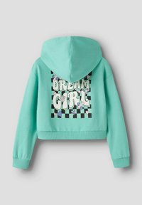 Mintroheline kärbitud kapuutsiga dressipluus, millel on ruuduline muster ja "DREAM GIRL" graafika, mida ümbritsevad lillemustrid.