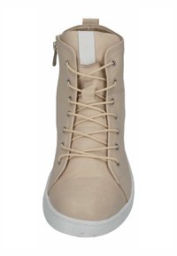 Beige high-top sneaker with a smooth leather upper, white rubber sole, and central lace-up design; features a side zipper and metal eyelets.