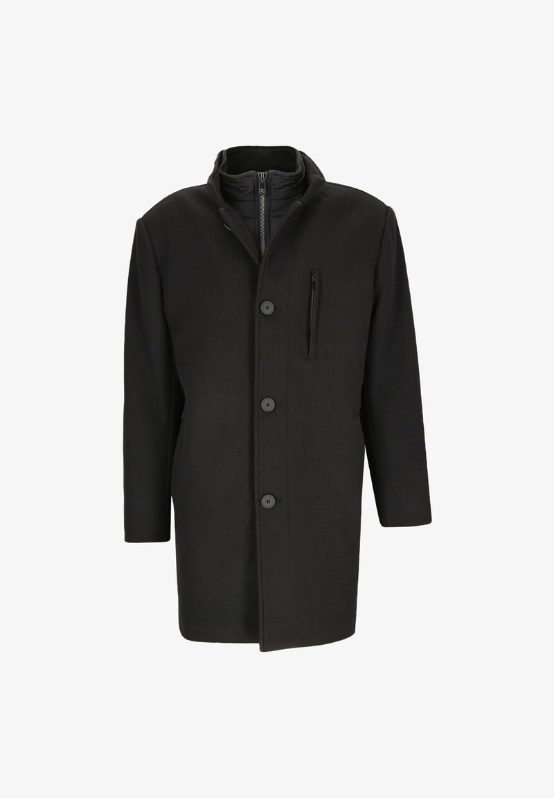 Schwarzer Mantel mit hohem Kragen, Knopfleiste und mit Reißverschluss versehenem Brusttasche. Hergestellt aus strukturiertem Stoff, mit langen Ärmeln und geradem Schnitt.