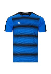 Blå idrottströja med diagonala svarta ränder, korta ärmar och svarta detaljer på axlarna. Logotypen "FZ" i vitt på bröstet.