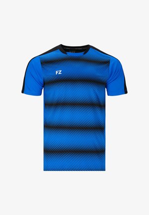 Blå idrottströja med diagonala svarta ränder, korta ärmar och svarta detaljer på axlarna. Logotypen "FZ" i vitt på bröstet.