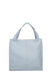 Jasnoniebieska skórzana torba na ramię z dwoma uchwytami, prostokątna, o teksturowanej powierzchni i minimalistycznym designie. Posiada pionowe szwy jako detal.