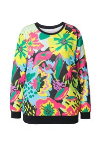 Sweat-shirt floral multicolore avec des motifs vifs jaunes, roses et verts. Col et poignets côtelés noirs. Matière en mélange de coton.