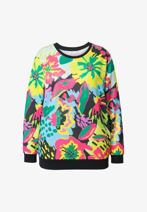 Multifarvet blomster sweatshirt med klare gule, pink og grønne mønstre. Sort ribbet halsudskæring og manchetter. Materiale af bomuldsblanding.