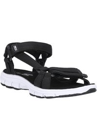 Black athletic sandals with adjustable straps, soft footbed, and a white contrasting sole featuring a textured tread pattern.
